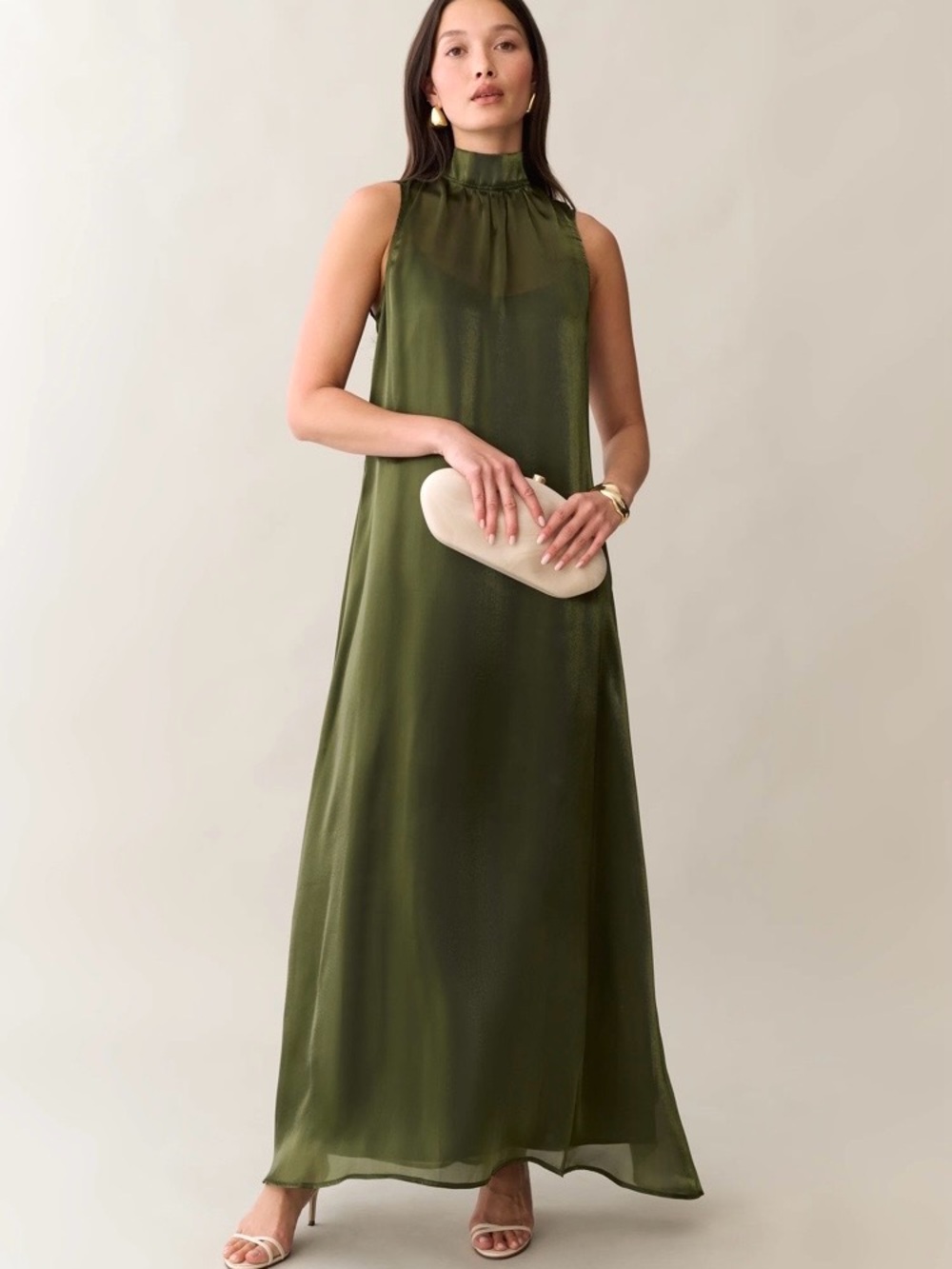 Few Moda Caara Olive Green High-Neck Satin Maxi Dress